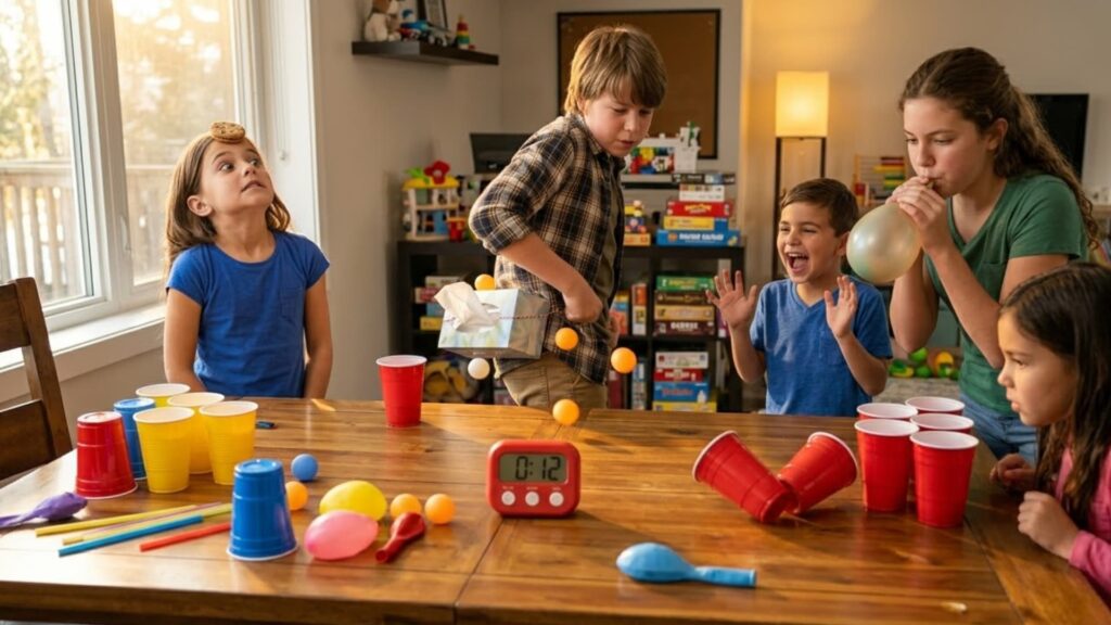 Group of kids playing fun minute-to-win-it games at a table, tossing ping pong balls and using balloons and cups while a timer counts down and others cheer.