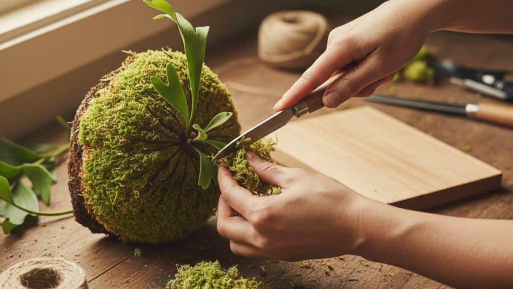 Hands attaching a young staghorn fern to a moss-covered mounting ball, trimming and shaping moss for propagation
