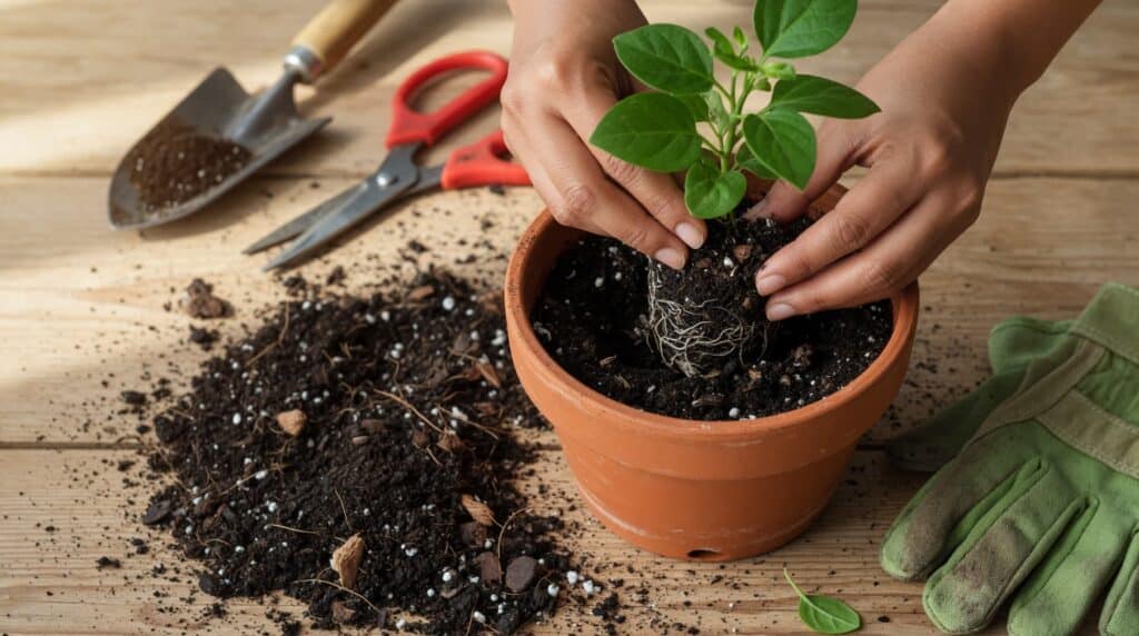 Hands placing a small plant with visible roots into a terracotta pot filled with soil, with gardening tools and potting mix spread on a wooden surface nearby