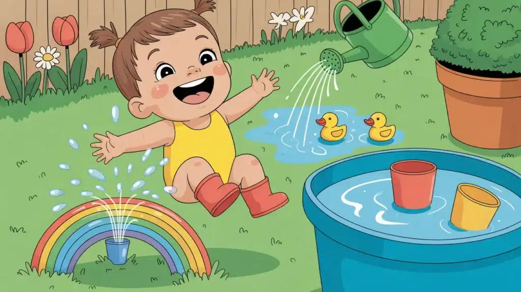Happy toddler playing with water outdoors, splashing near a rainbow sprinkler, with a watering can, small ducks in a puddle, and a tub filled with cups