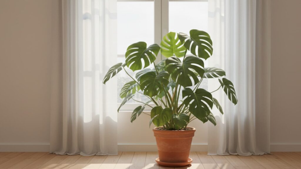 Healthy Monstera plant in a terracotta pot placed near a bright window with sheer curtains, showing large split green leaves in natural indoor light.