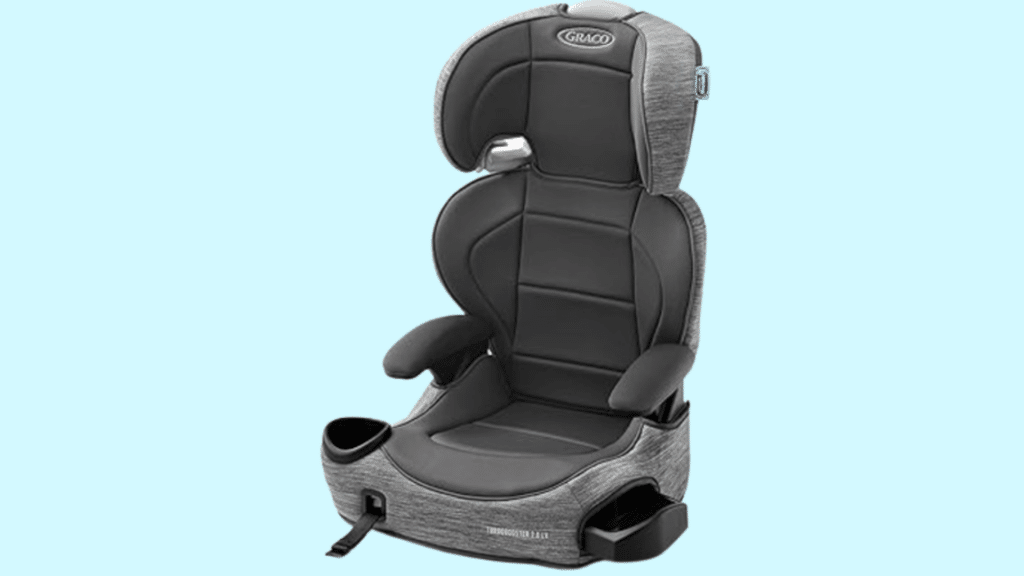 High-back booster car seat in black and gray with headrest, armrests, and cup holders on a light blue background
