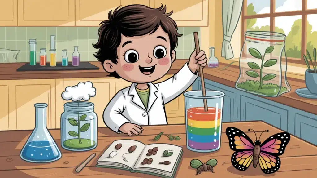 Illustration of a child in a lab coat conducting a colorful experiment in a kitchen-style lab, with plants, jars, and science tools on the table