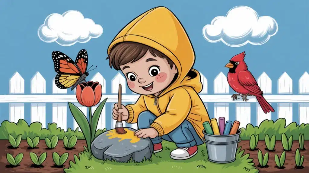 Illustration of a child in a yellow raincoat painting a rock in a garden, with flowers, a butterfly, a red bird, and art supplies nearby.