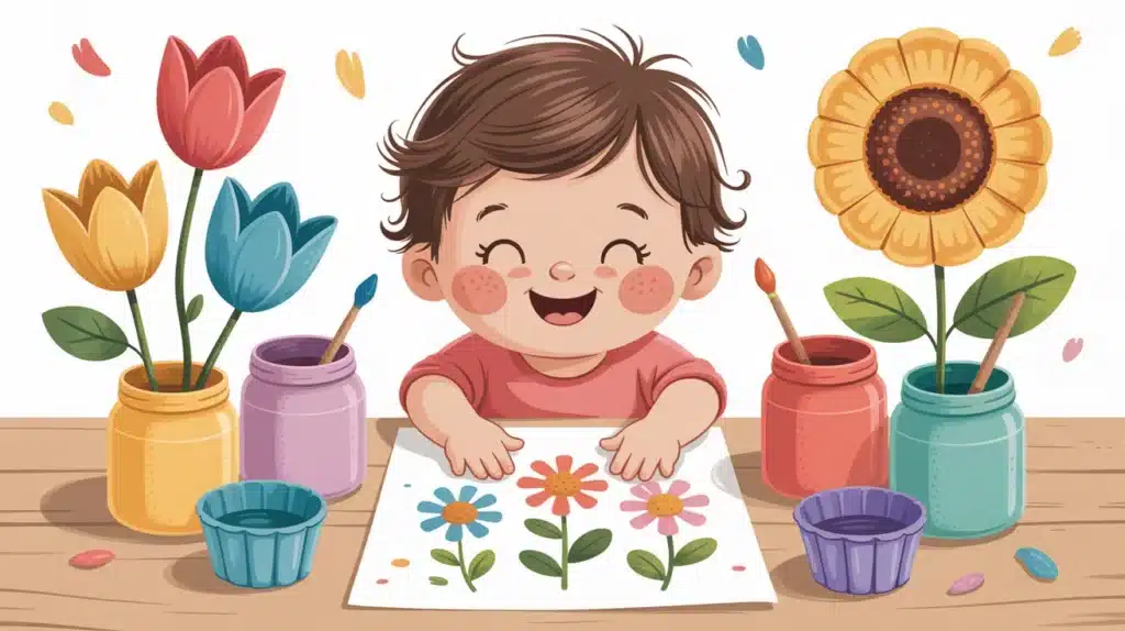Illustration of a child painting colorful flowers on paper, surrounded by jars of paint, brushes, and blooming flowers.