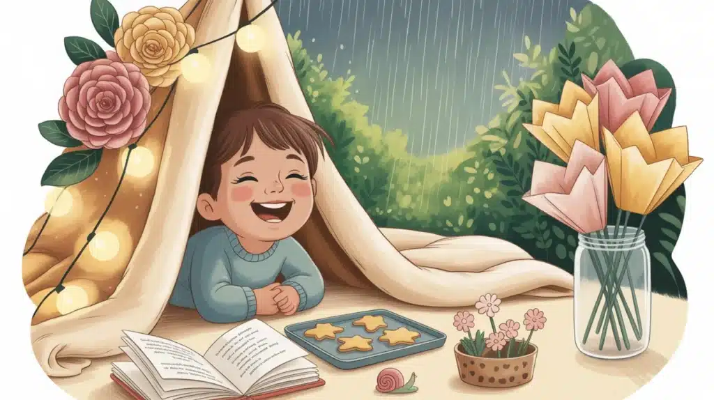 Illustration of a child relaxing inside a cozy indoor tent with string lights, reading a book and enjoying cookies, with flowers and crafts nearby while it rains outside