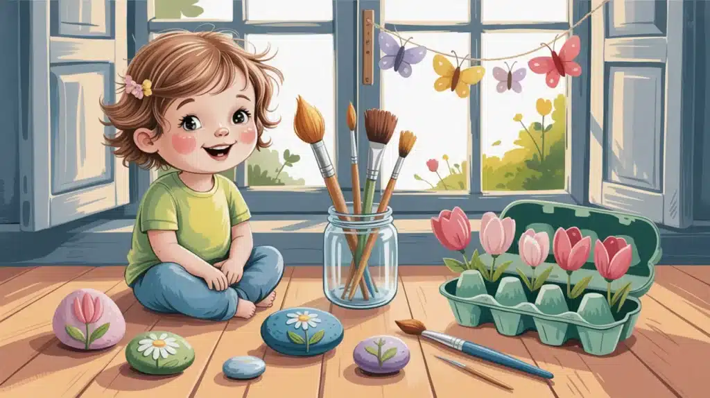 Illustration of a child sitting indoors painting decorated rocks, with paintbrushes, flowers, and spring-themed crafts arranged by a sunny window