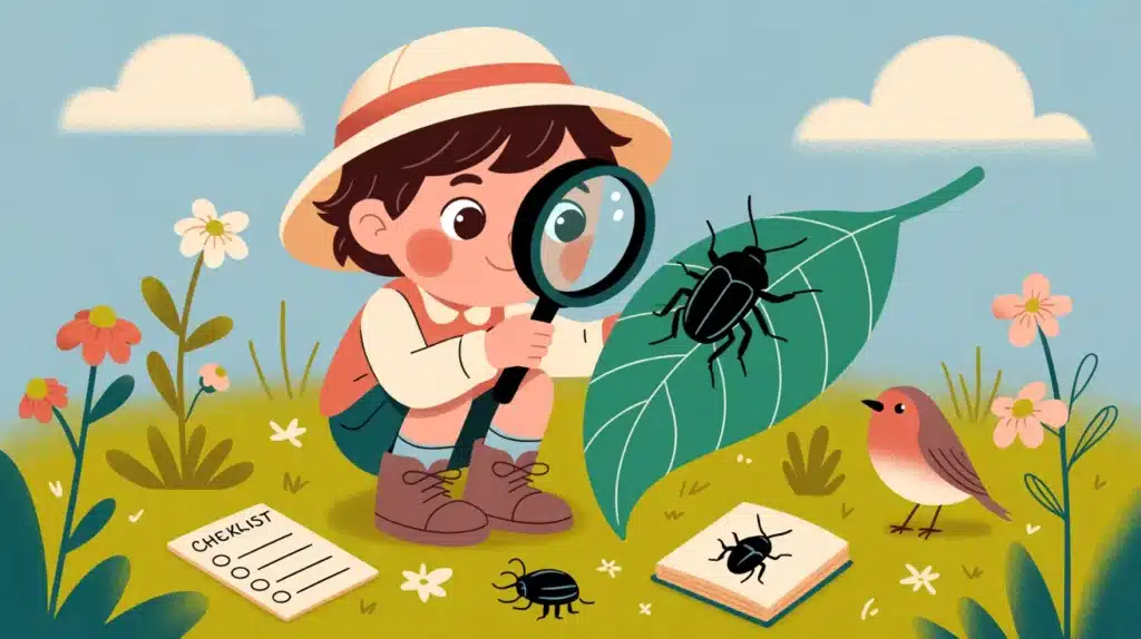 Illustration of a child using a magnifying glass to observe insects on a leaf in a garden, with flowers, a bird, and a small checklist nearby