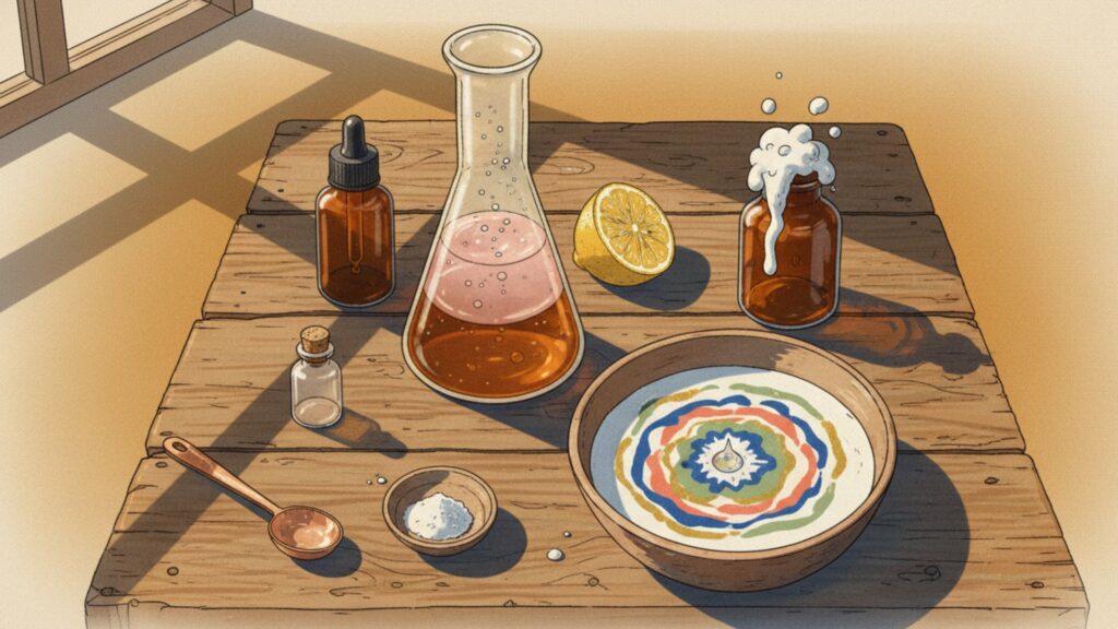 Illustration of a simple kids’ chemistry experiment setup with bottles, a flask, a lemon, powders, and a bowl showing colorful reaction patterns on a wooden table