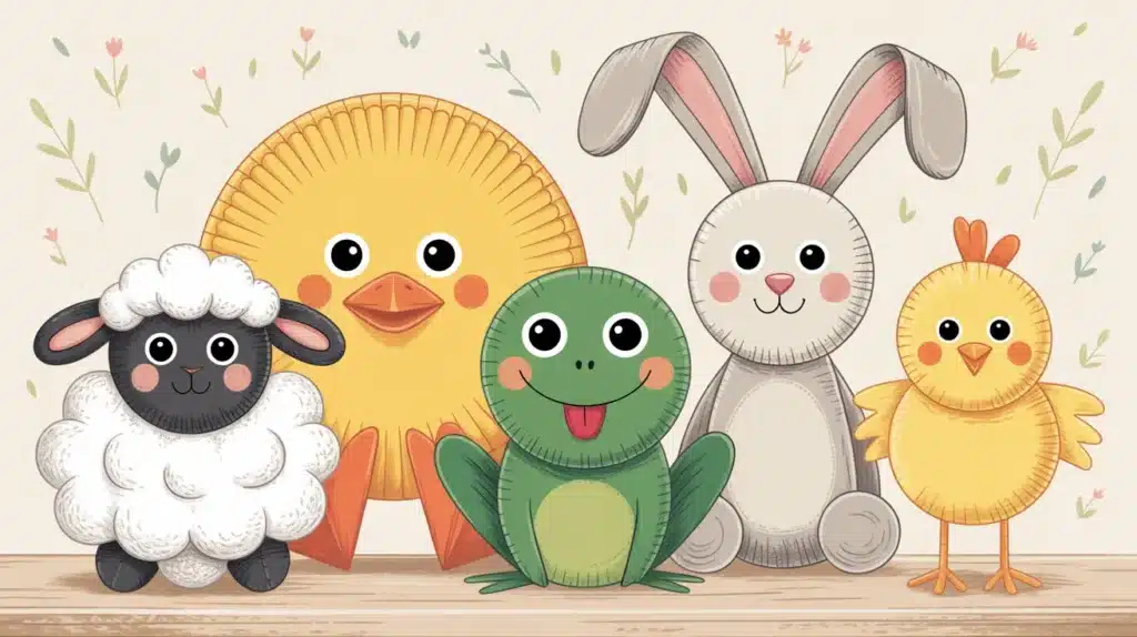 Illustration of cute spring animal crafts, including a sheep, chick, frog, bunny, and bird, made from simple craft materials, arranged side by side