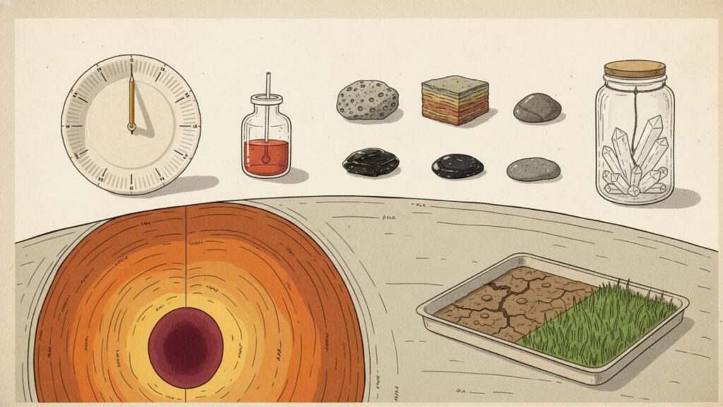 Illustration of earth science experiments for kids featuring rock samples, soil layers, crystals in a jar, a clock, and a tray showing grass growth and soil conditions
