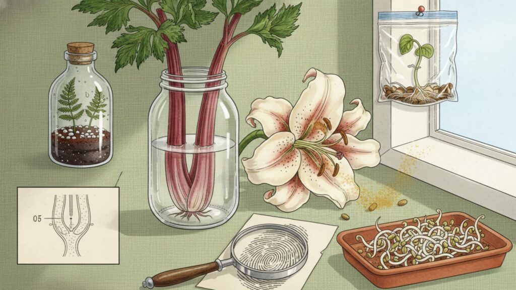 Illustration of kids’ biology experiments showing plant growth in jars, celery in colored water, a flower, sprouting seeds, and simple observation tools on a table