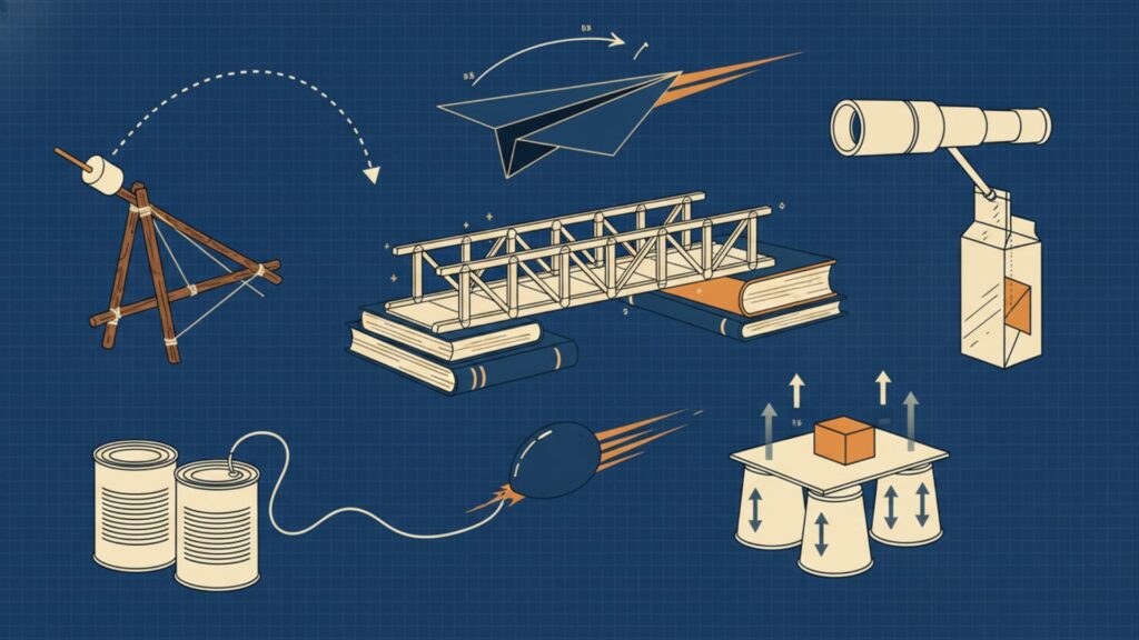Illustration of kids’ engineering and STEM experiments, including a paper airplane, bridge model on books, simple telescope, catapult, tin can phone, balloon rocket, and air pressure setup