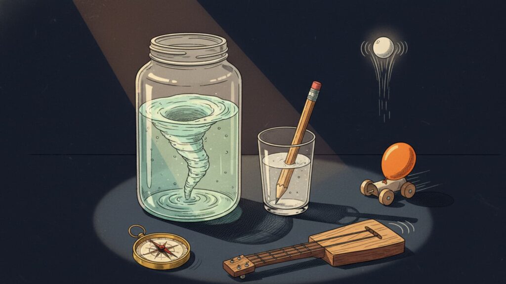 Illustration of simple physics experiments for kids, featuring a water vortex in a jar, a pencil in a glass, a bouncing ball, a balloon-powered car, a compass, and a small string instrument on a table