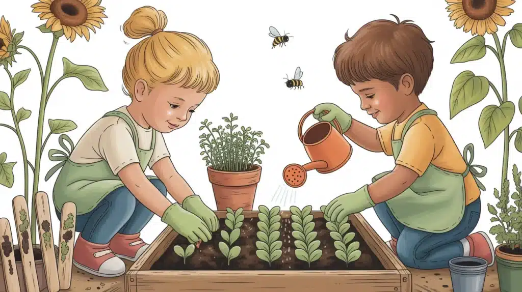 Illustration of two children gardening together, planting and watering seedlings in a raised garden bed with flowers and bees around them.