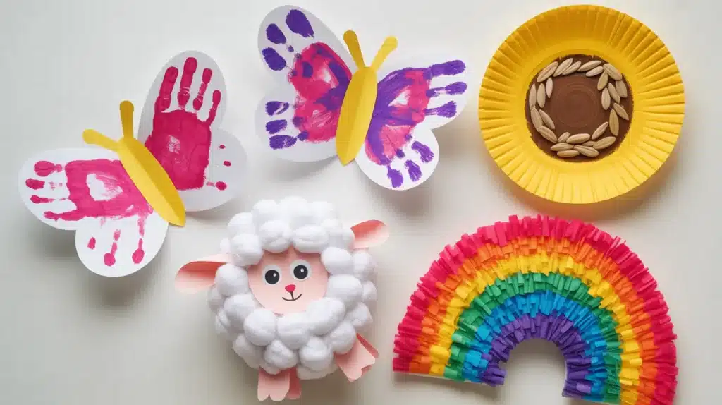 Image of colorful spring crafts including handprint butterflies, a paper plate sunflower, a cotton ball sheep, and a rainbow made from paper strips.