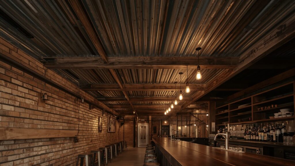 Industrial-style basement bar with corrugated metal ceiling panels, exposed wooden beams, brick walls, and warm hanging pendant lights above a long wooden counter
