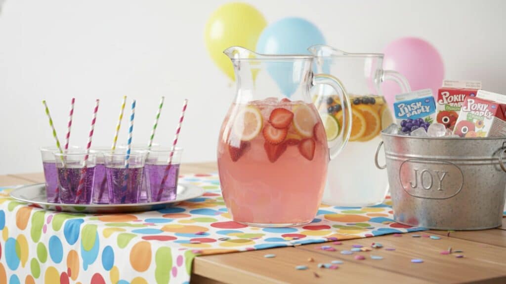 Kids' party drink station with fruit-infused lemonade pitchers, colorful juice cups with striped straws, and a bucket of juice boxes on a decorated table