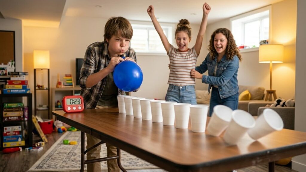 Kids playing a party game where a boy uses an inflated balloon to knock over a row of plastic cups on a table while others cheer and a timer counts down nearby