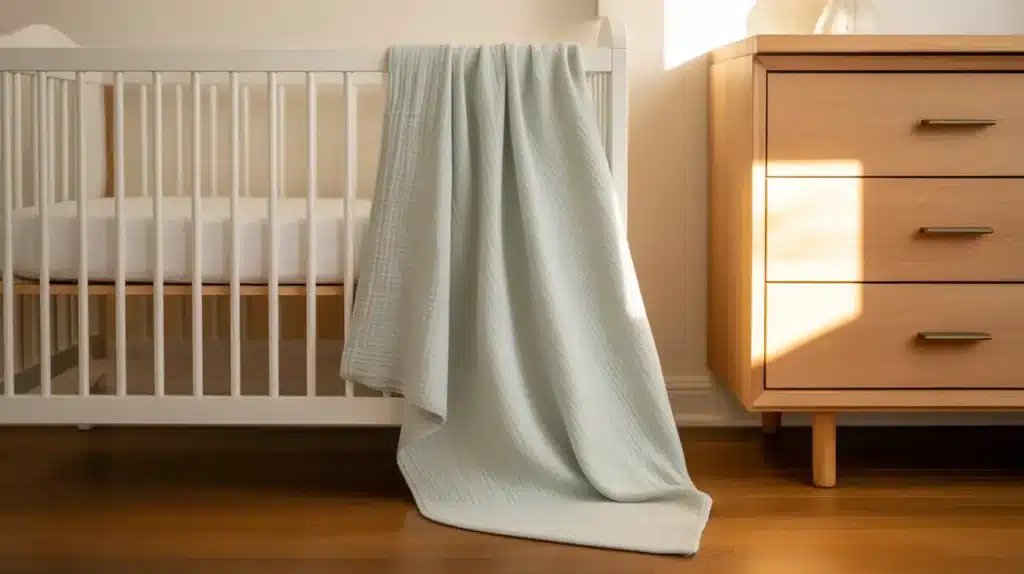 Minimalist nursery setup featuring a white crib with a soft blanket draped over the side and a wooden dresser beside it in warm natural light