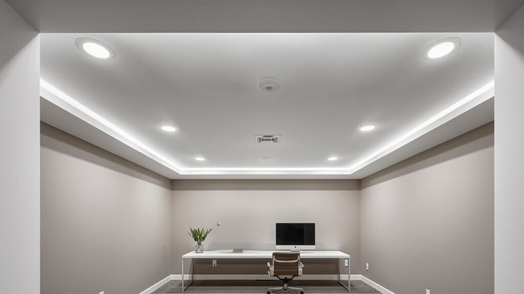 Modern basement office with a smooth stretch fabric ceiling, recessed lighting, and subtle perimeter LED strip lighting above a minimalist desk setup