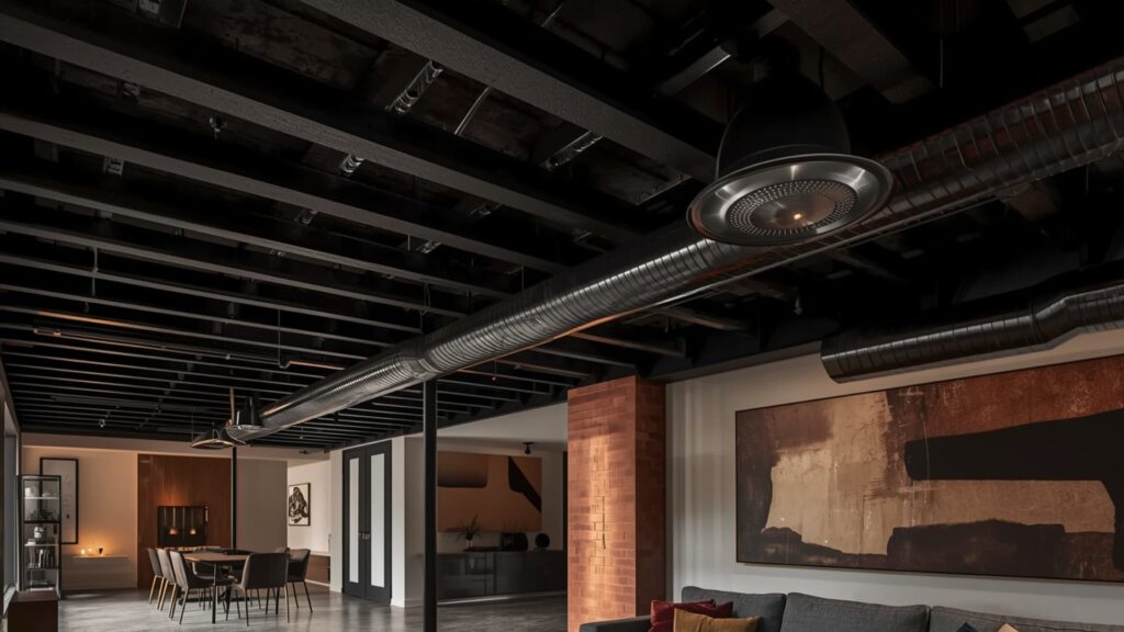 Modern basement with exposed black ceiling and round metal ductwork, featuring an open-concept layout with a dining area, lounge seating, and industrial-style lighting