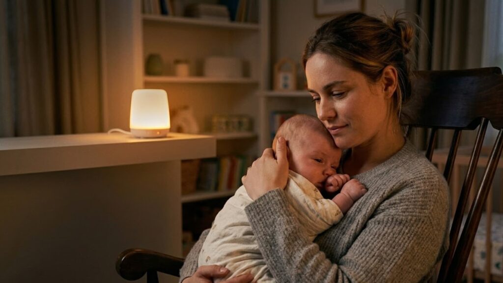 Mother gently holding a sleepy baby in a softly lit nursery at night, soothing the infant to help them fall asleep