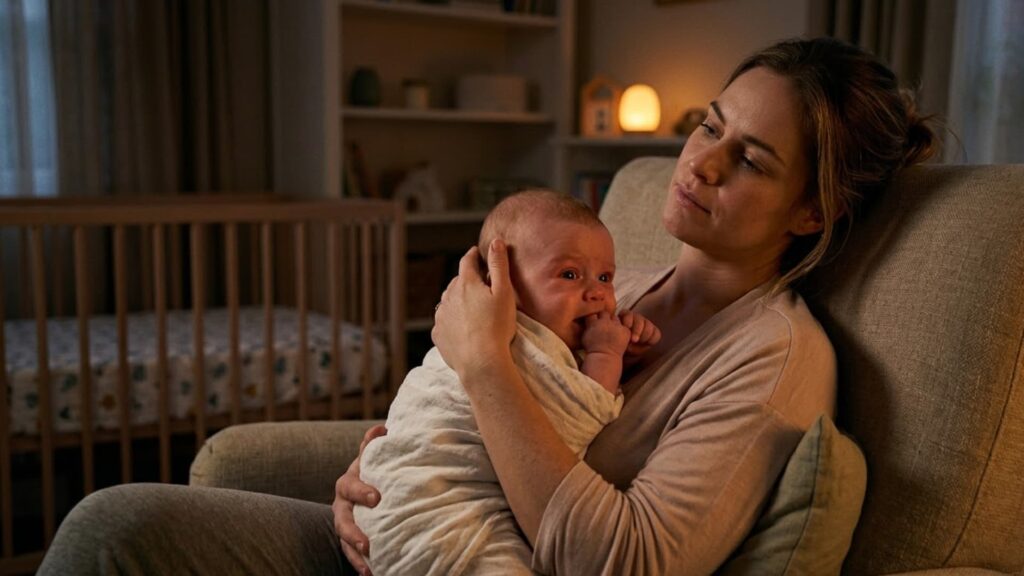 Mother holding an overtired baby in a dimly lit nursery at night, soothing the infant while sitting in a chair near a crib.