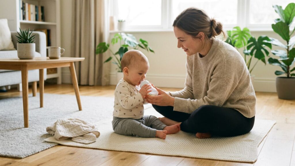 Mother sitting on the floor helping her baby hold and drink from a bottle, encouraging independent feeding skills in a cozy living room