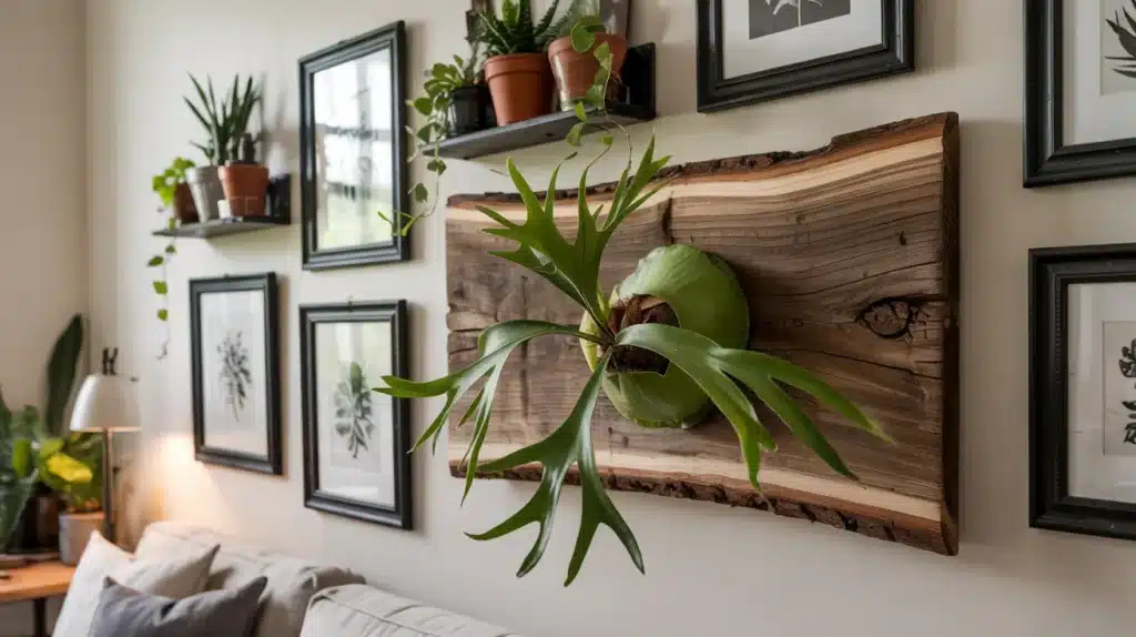Mounted staghorn fern displayed as wall art on a wooden plaque, surrounded by framed botanical prints and indoor plants
