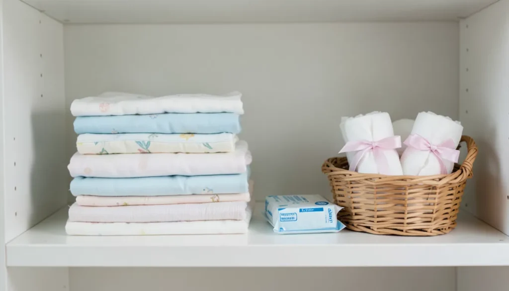 Neatly organized baby essentials on a shelf, featuring a stack of folded cloth diapers, a pack of wipes, and a wicker basket holding rolled diapers tied with pink ribbons
