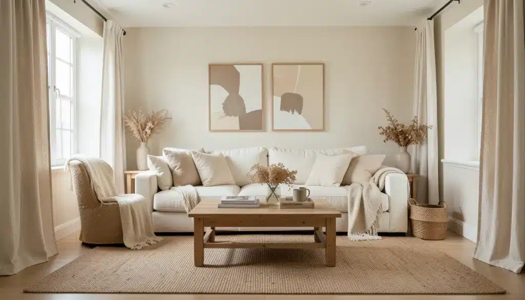 Neutral farmhouse living room with a white sofa, beige pillows, wooden coffee table, textured rug, and soft curtains, styled with minimal decor and natural accents for a calm, cozy feel
