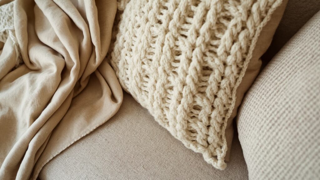 Neutral linen throw and knitted pillow on a sofa, adding soft texture and cozy farmhouse living room detail