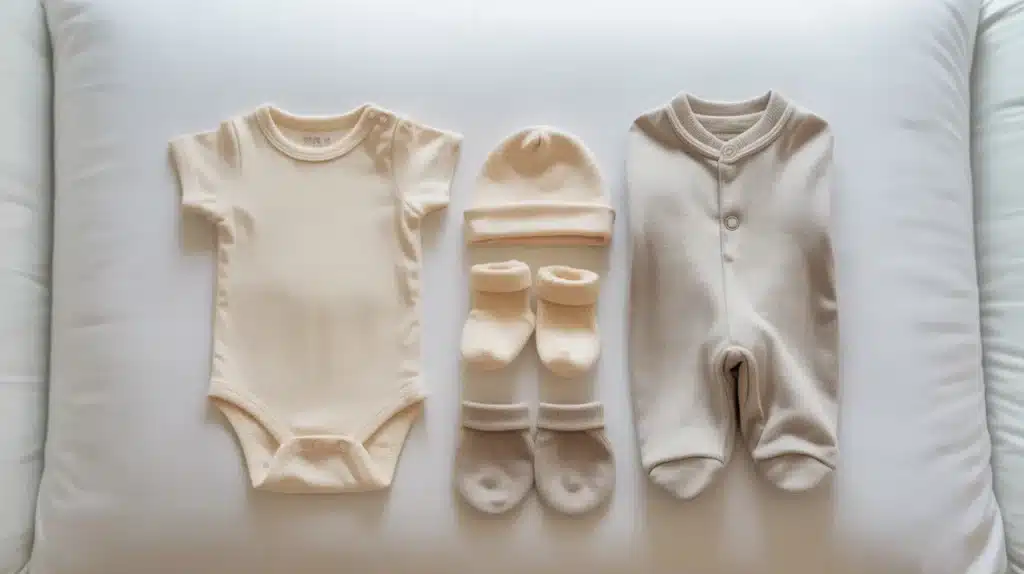 Neutral-toned baby clothing set laid out neatly, including a onesie, hat, socks, and a soft footed sleeper on a bed