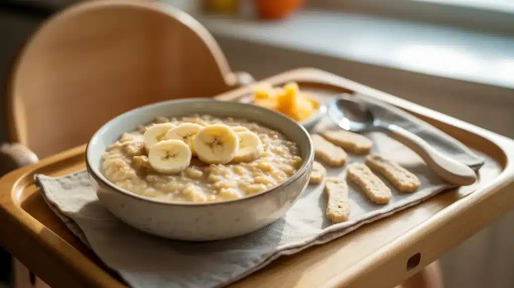 Oatmeal in a bowl topped with banana slices on a highchair tray, with finger foods and a spoon arranged nearby for baby-led weaning