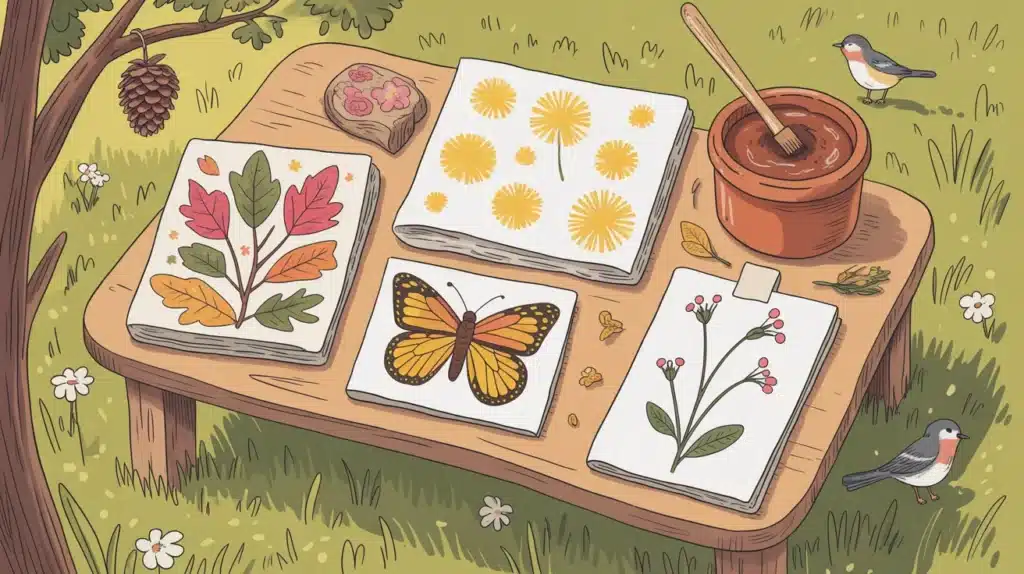 Outdoor nature craft setup with books showing leaf prints, flowers, and butterflies on a wooden table, surrounded by grass, birds, and a bowl of paint.
