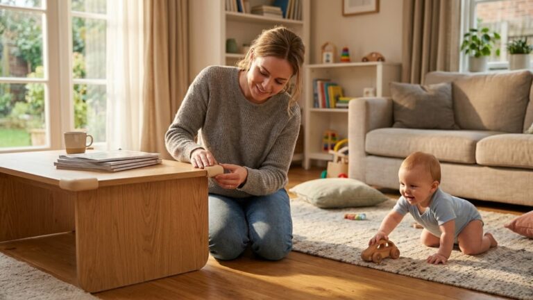 Parent kneeling on the floor baby-proofing a coffee table with corner protectors while a baby crawls nearby playing with a toy in a living room.