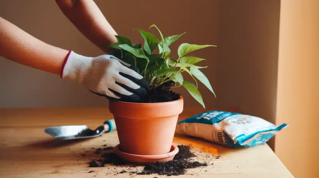 Person wearing gardening gloves repotting a small green houseplant into a terracotta pot on a table with soil and tools nearby