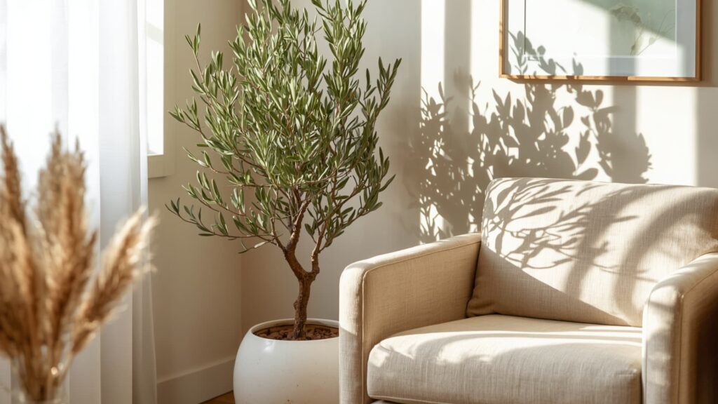 Potted indoor tree beside a beige armchair with sunlight casting shadows, adding natural farmhouse charm to the living room