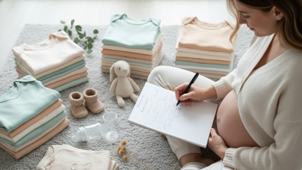 Pregnant woman sitting on the floor writing a baby checklist, surrounded by neatly folded newborn clothes, baby shoes, a bottle, and a soft toy
