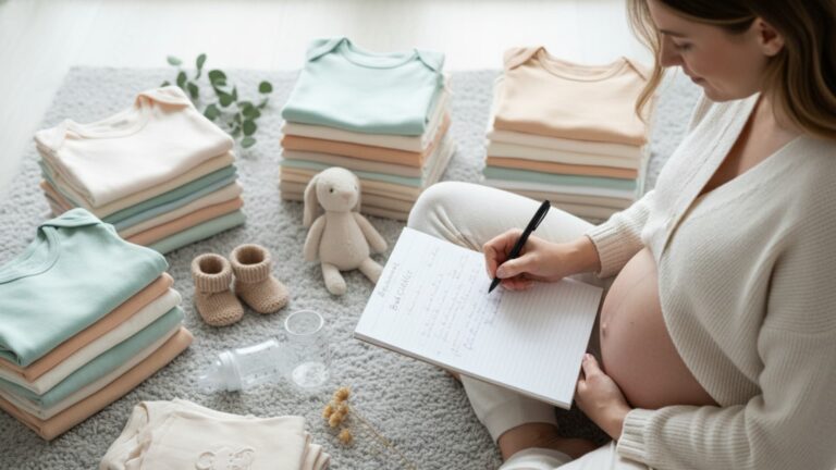Pregnant woman sitting on the floor writing a baby checklist, surrounded by neatly folded newborn clothes, baby shoes, a bottle, and a soft toy