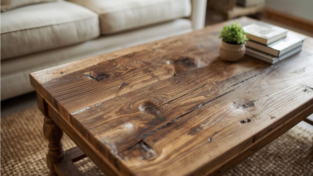 Reclaimed wood coffee table with natural grain, small plant, and stacked books, adding rustic charm to a farmhouse living room
