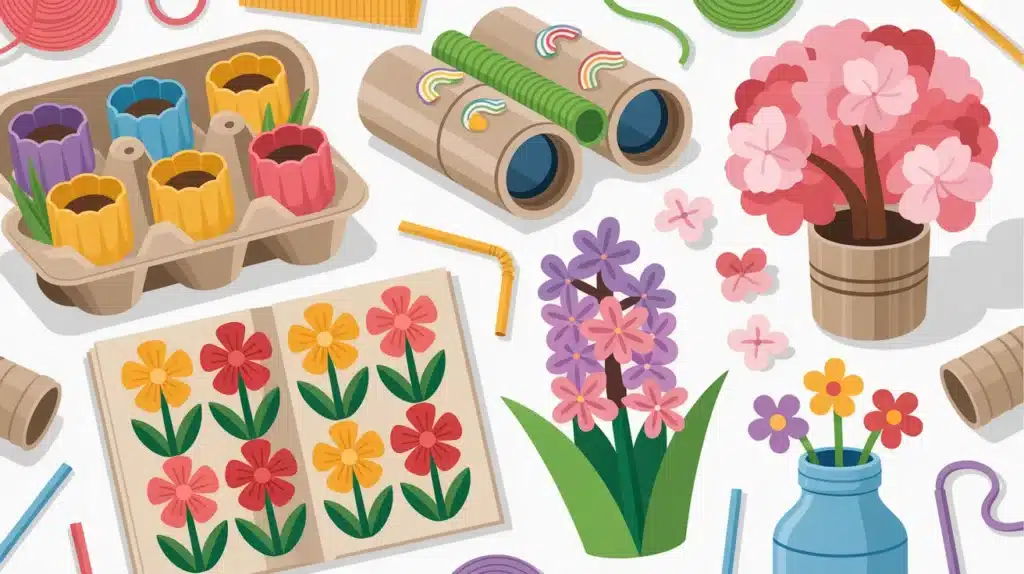 Recycled spring craft materials, including egg carton planters, cardboard tube binoculars, paper flowers, straws, and colorful DIY flower displays, arranged on a light background.