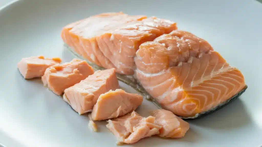 Salmon pieces and fillet on a plate, cooked and flaked into soft chunks suitable for baby-led weaning or easy eating