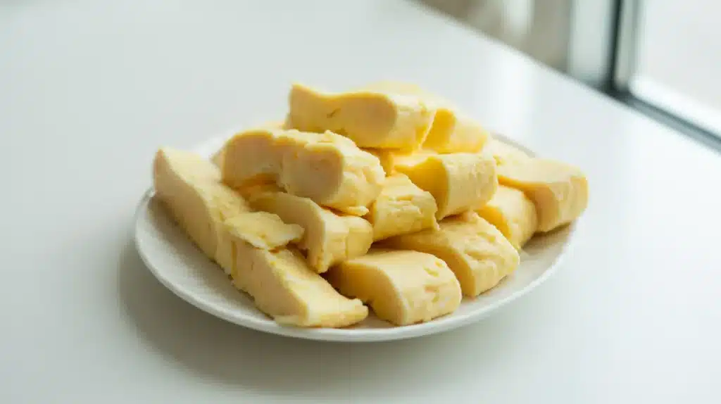 Scrambled eggs cut into soft strips and pieces on a plate, suitable for baby-led weaning or easy self-feeding
