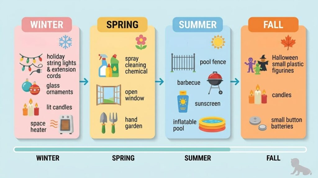 Seasonal baby proofing hazards infographic showing safety risks in winter, spring, summer, and fall, including cords, cleaning chemicals, pools, candles, and small objects