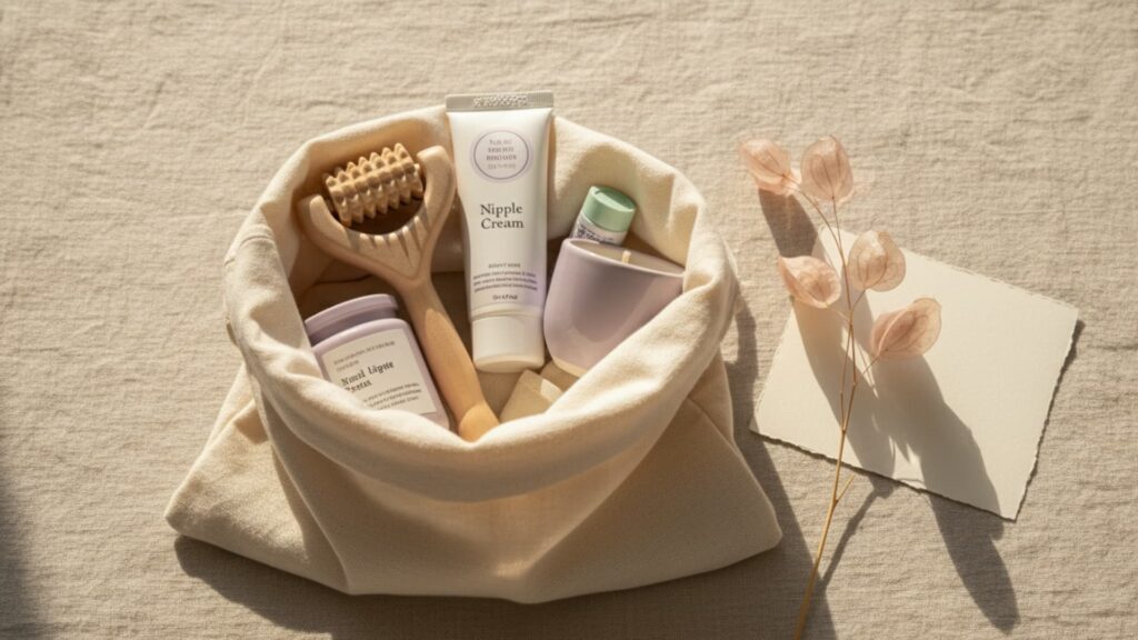 Self-care gift set for a new mom with skincare items, nipple cream, and wellness products in a pouch