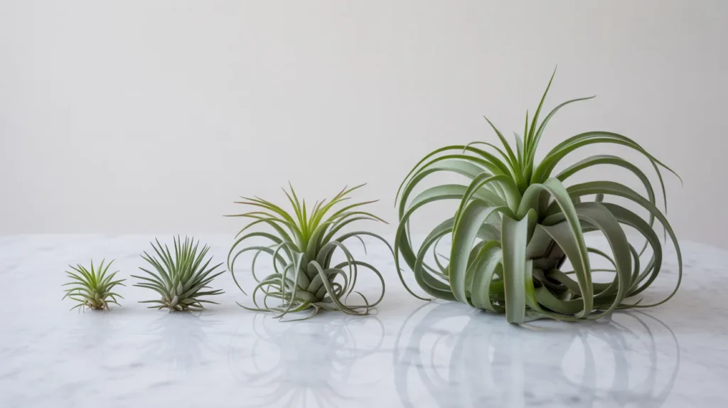 Sequence of air plants at different growth stages arranged from small to large on a clean surface, illustrating propagation and development
