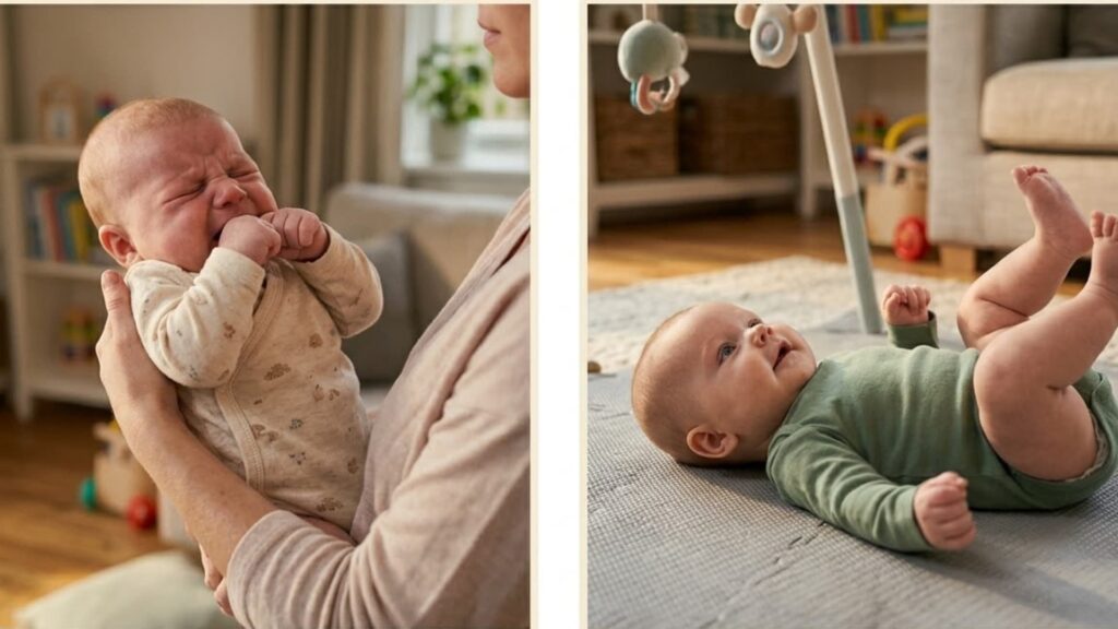 Side-by-side comparison of an overtired baby crying in a caregiver’s arms and an undertired baby lying awake and alert on a play mat
