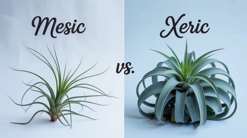 Side-by-side comparison of mesic and xeric air plants, showing a thinner, lighter green plant versus a thicker, silvery, more compact plant